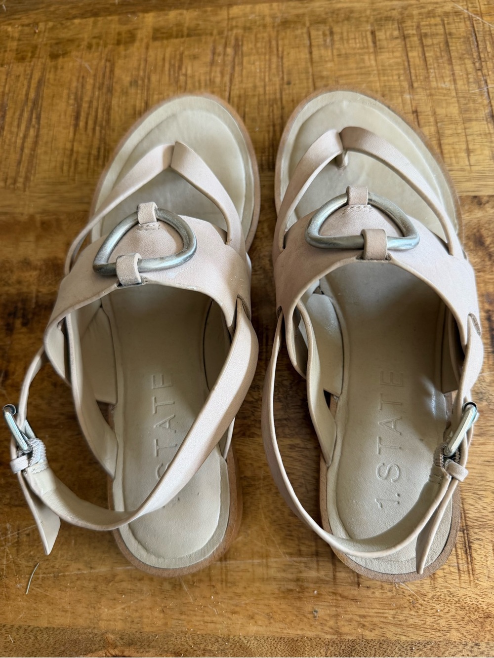 1. State Beige Leather Slingback Sandals with Silver Buckle